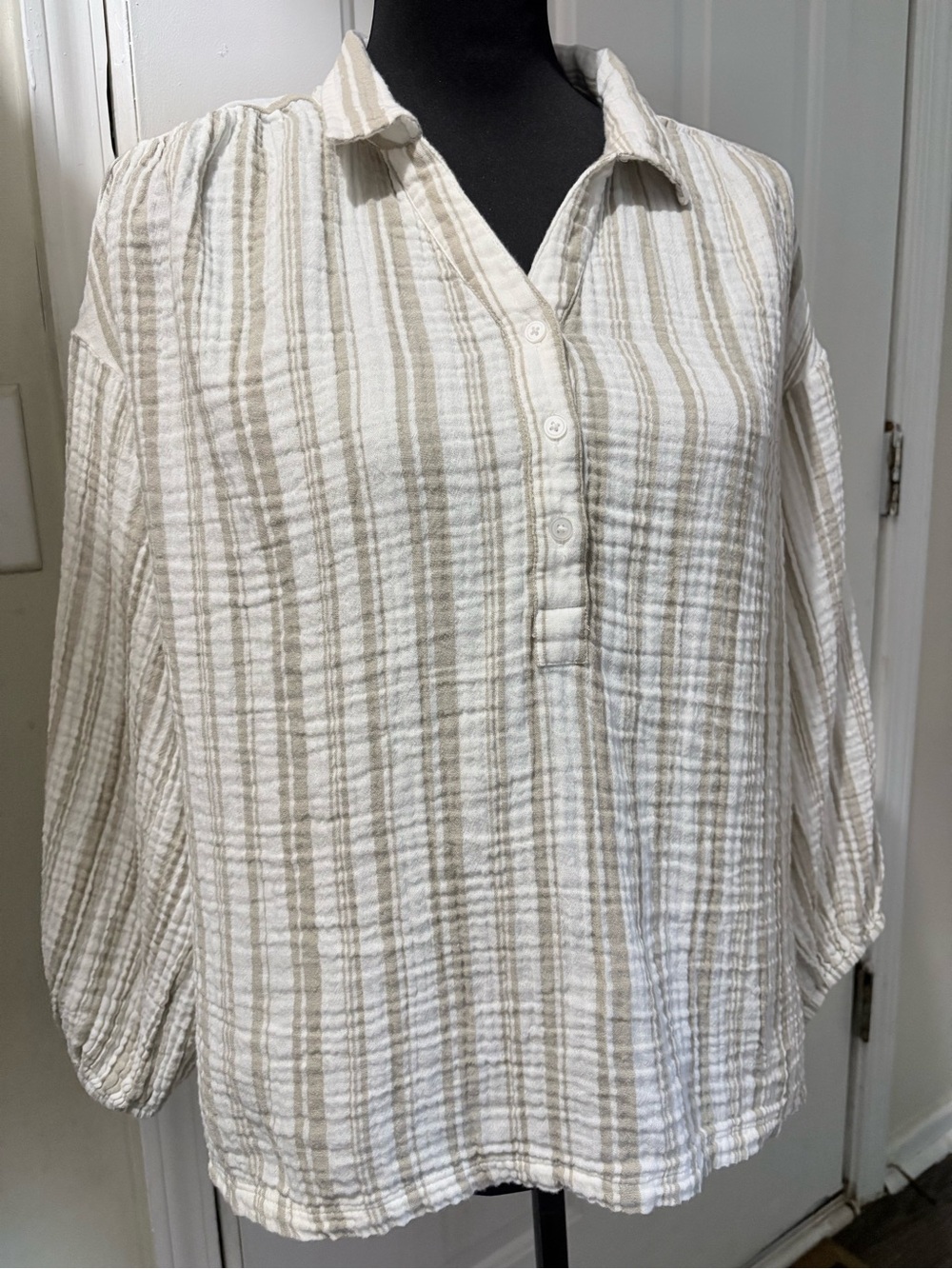 LOFT Cream and Beige Striped Button-Front Gauze Blouse